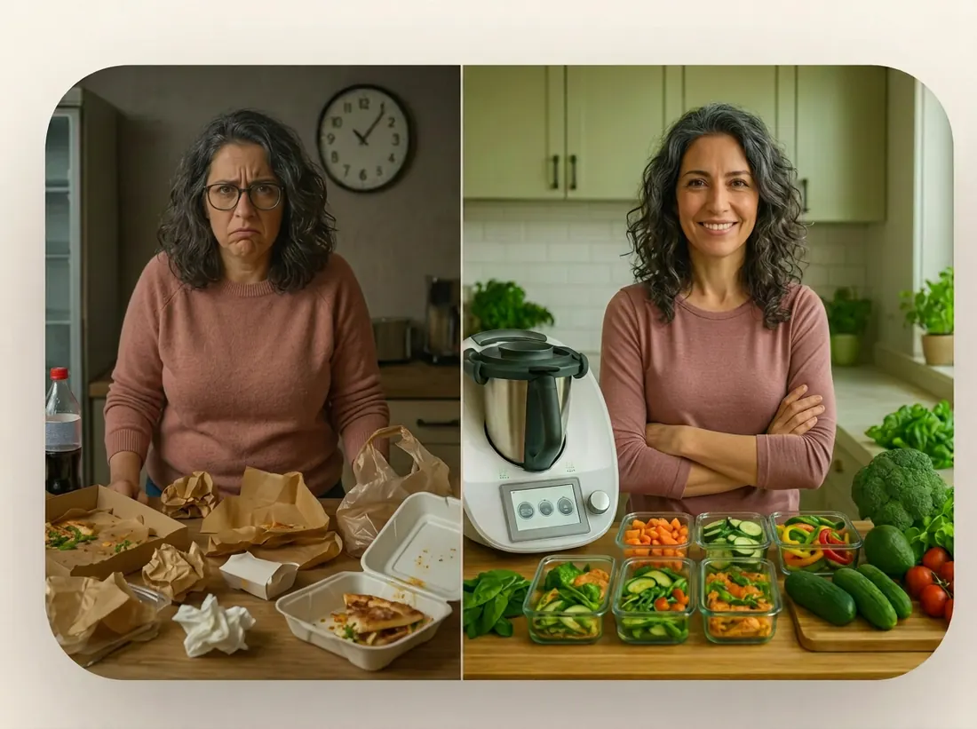 Mujer de mediana edad antes y después de perder 10 kg con platos keto preparados en Thermomix